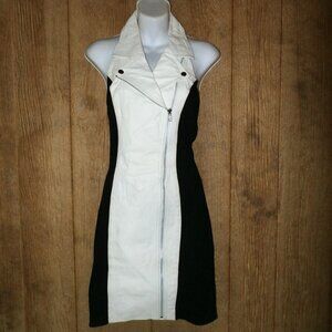 Vtg Wilsons Leather Black & White Halter Dress Full Front & Back Zippers Medium